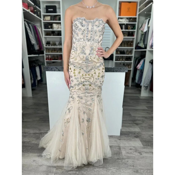 Jovani Beige Silver Strapless Mermaid Formal Gown $794 - Picture 1 of 8
